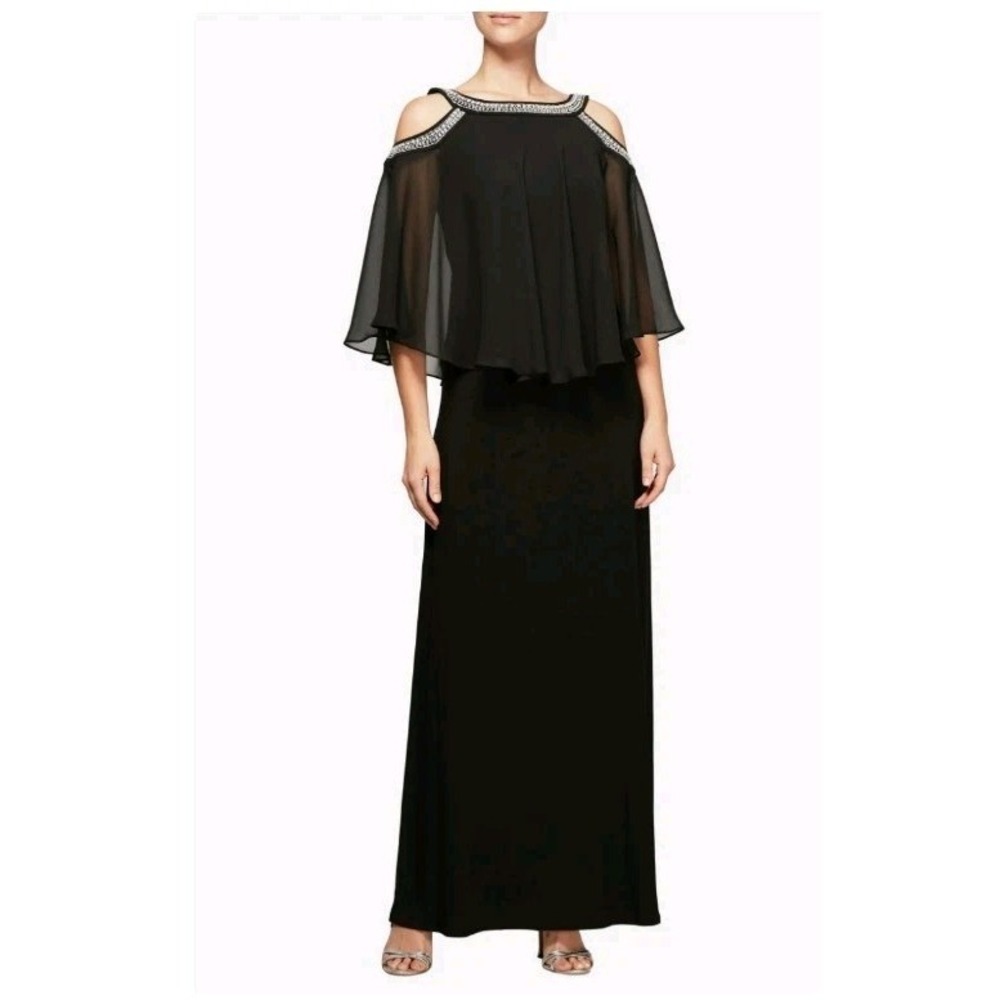 Alex Evenings Black Embellished Cold Shoulder Popover Formal Gown Size 10